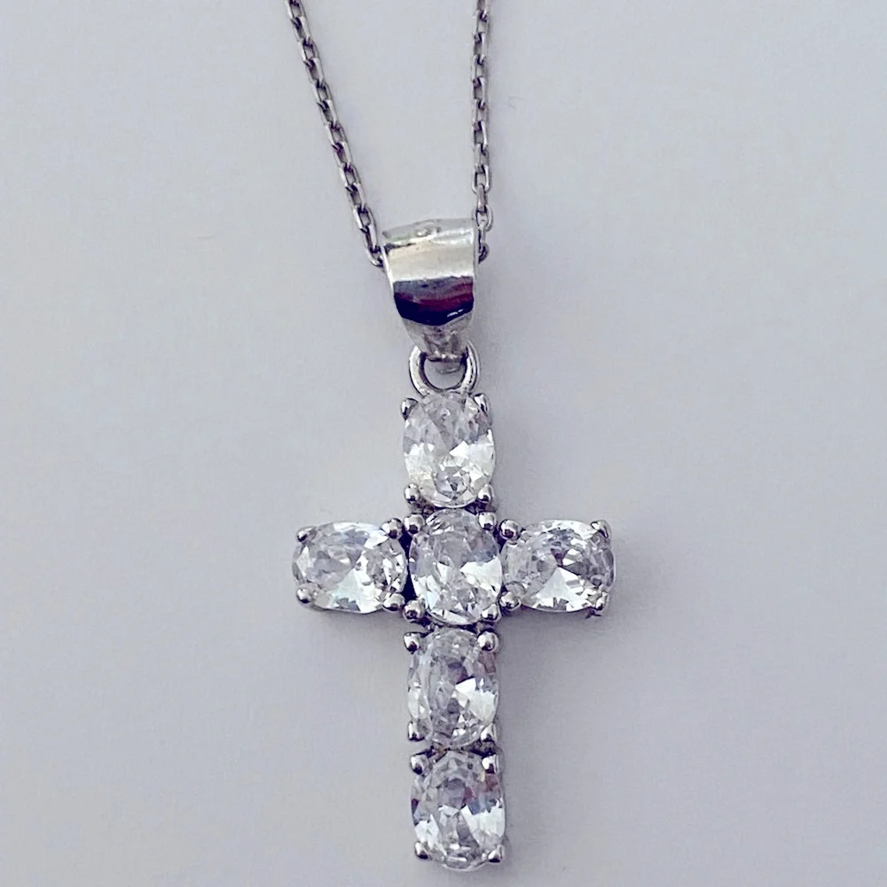 925 Silver cross necklace oval cz stones